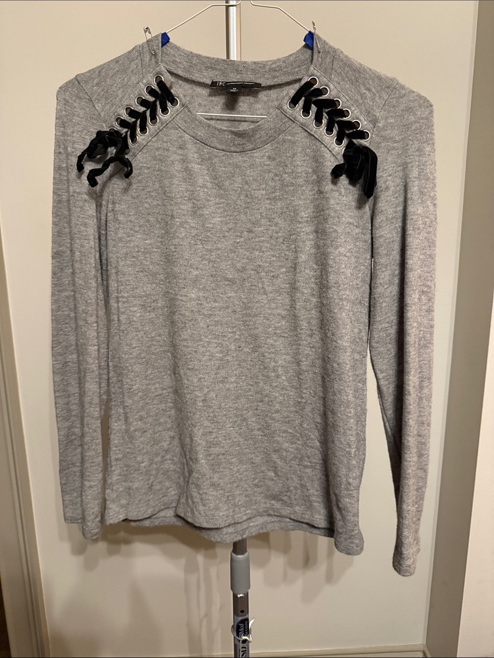 INC International Concepts Heather Gray Lace-Up Shoulder Crewneck Sweater